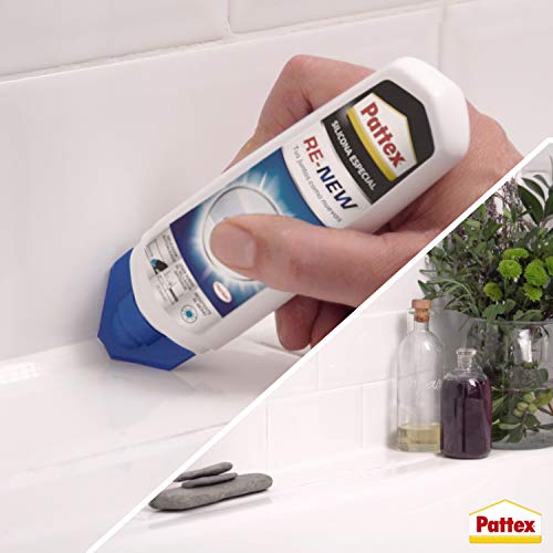 Pattex Baño Sano Re-New, Silicona Blanca para Cocina y Baño, Silicona Antimoho Fácil de Aplicar, Sellador de Juntas Impermeable y Resistente Al Moho, 1x100 ml