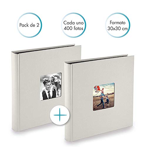 PAZZiMO Álbum de fotos para pegar gris tiza, pack de 2, álbum de fotos 30x30 cm XXL para 400 fotos, con papel de pergamino, álbum fotos 10x15 con ventana en la portada