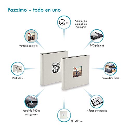 PAZZiMO Álbum de fotos para pegar gris tiza, pack de 2, álbum de fotos 30x30 cm XXL para 400 fotos, con papel de pergamino, álbum fotos 10x15 con ventana en la portada