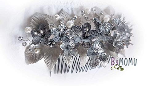 Peineta Novia Adorno Flores Plateadas para el Pelo-Flores Porcelana-cold porcelain Bride hair accessories-hair comb
