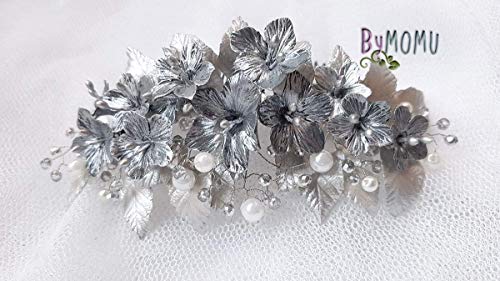 Peineta Novia Adorno Flores Plateadas para el Pelo-Flores Porcelana-cold porcelain Bride hair accessories-hair comb