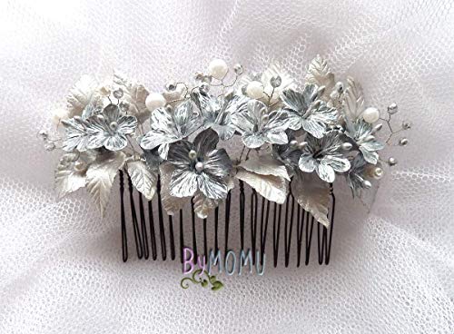 Peineta Novia Adorno Flores Plateadas para el Pelo-Flores Porcelana-cold porcelain Bride hair accessories-hair comb