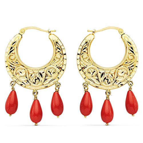 Pendientes Oro 18K Aros 25mm Lágrimas Coral Sintético [Ac0982]