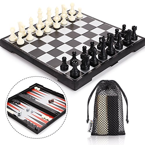 Peradix Tablero Ajedrez Magnetico, 3 EN 1 Ajedrez y Damas Backgammon en Estuche con Portátil de Tablero Plegable para niños y Adultos Juego de Ajedrez 32.6*32.6cm