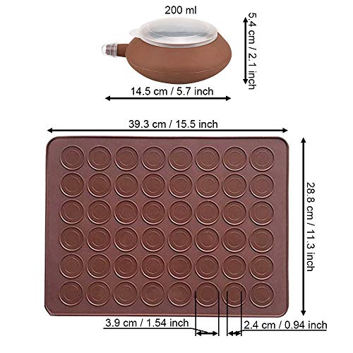 Perfetsell Moldes Silicona Macarons- 2 Pieces, 48 Capacidad Tapete Macaron de Silicona para Hornear Macarons + Manga Pastelera Silicona con 4 Boquillas, Molde para Macarons(Café)