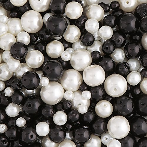 Perlas de Vidrio Negro y Blanco con Pearl Tratamiento 4mm 6mm 8mm y 10mm cuentas. 490 piezas. Para fabricación de Joyas y Artes y Manualidades