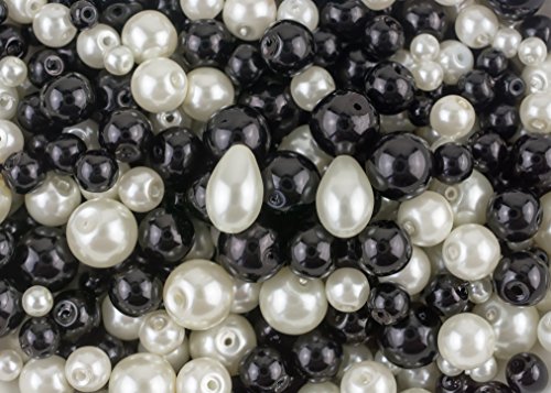 Perlas de Vidrio Negro y Blanco con Pearl Tratamiento 4mm 6mm 8mm y 10mm cuentas. 490 piezas. Para fabricación de Joyas y Artes y Manualidades