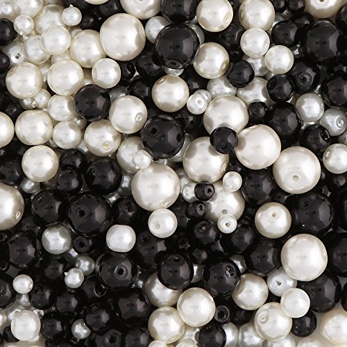 Perlas de Vidrio Negro y Blanco con Pearl Tratamiento 4mm 6mm 8mm y 10mm cuentas. 490 piezas. Para fabricación de Joyas y Artes y Manualidades