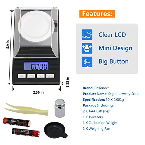 Philonext Digital Milligram Scale 50 X 0.001g - Mini LCD Digital Pocket Lab Weight Scale Reloading Jewelry Scale with Calibration Weights Tweezers and Weighing Pans