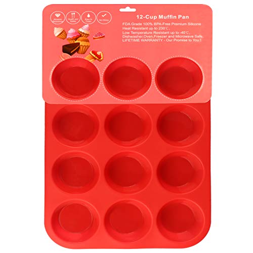 Philonext Pan - Bandeja roja de silicona con 12 huecos para magdalenas, no se pega, uso seguro en lavavajillas y microondas, 32,7 x 24,5 x 2,8 cm