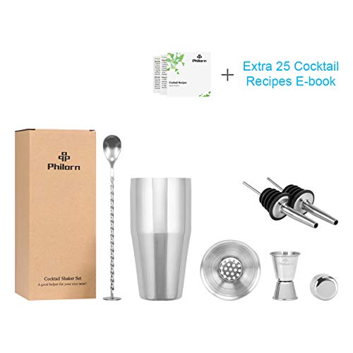 Philorn Coctelera Set de 5 Piezas 304 Acero Inoxidable Juego de Barras de Accesorios - Camareros Coctelera de 750ml Martini con Jigger de Medición, 2 Pourers de licor Receta de Bebidas