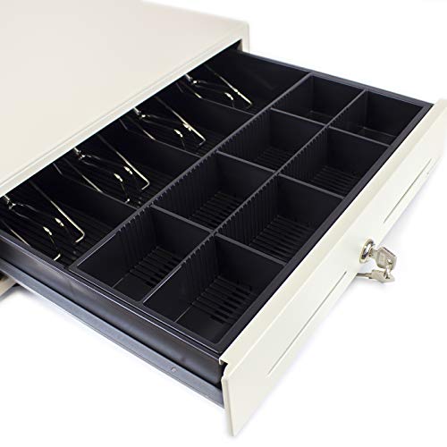 Phoenix Technologies - Cajón portamonedas manual para dinero en efectivo con cerradura y botón de apertura 4 compartimentos de billetes y 8 de monedas 41x42cm (Blanco)