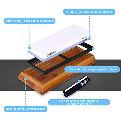 Piedra de Afilar, Grano 1000/6000 de Doble Cara - TACKLIFE HSS1A Piedra de Afilar Cuchillos de Corindón Blanco con Base de Bambú, Almohadilla de Silicona, Guía de Ángulo, Antideslizante