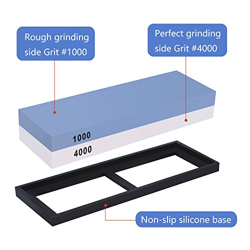 Piedra de Afilar, TENINE Piedra afiladora, 2 en 1 Corundum Whetstone/Afilador de dos caras Waterstone con Soporte de Silicona Antideslizante (1000/4000)