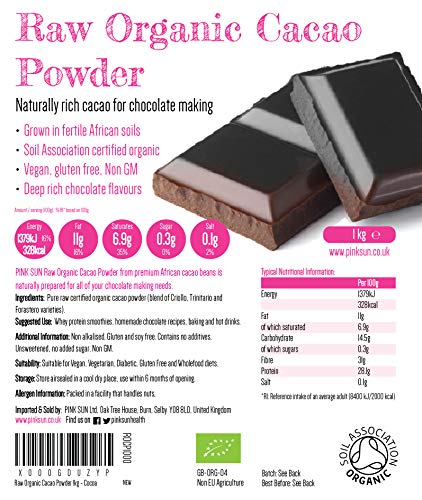 PINK SUN Cacao en Polvo Crudo Orgánico 1kg Bio Puro Sin Azúcar Añadido Sin Gluten Sin Lácteos Vegetariano Vegano Ecologico Criollo 1000g Bulk