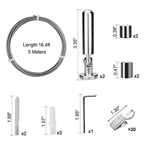 Pinowu Juego de Barra de Alambre para Colgar en la Pared (5 Metros) con 20 Clips para Colgar, de Acero Inoxidable, para Colgar Cuadros, tendedero de Alambre, Multiusos, para Colgar Notas fotográficas