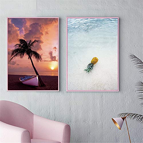 Pintura de lienzo Paisaje marino Playa Mar Árbol Arena Océano Piña Cartel Estilo nórdico Impresión Sala de estar Decoración 21x30cm