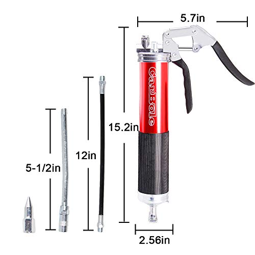 Pistola de grasa de alta resistencia, 4500 PSI de lubricación de 35,5 ml de aluminio anodizado, incluye manguera flexible de 30,5 cm y extensión de metal de 12,7 cm con acoplador, carga de 3 vías