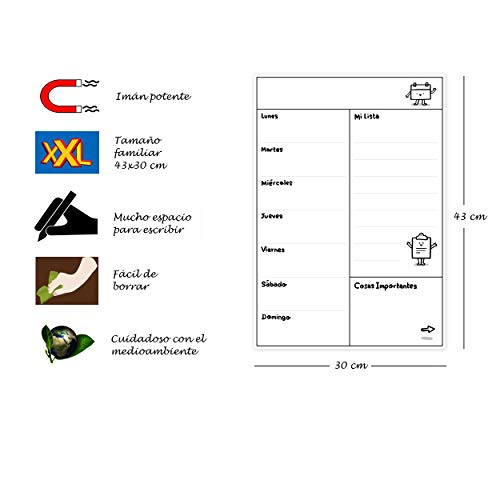Pizarra Magnética para Nevera, Planificador de Menú y Tareas Semanal con 4 Rotuladores Magnéticos para Pizarra Blanca, Magnetotal