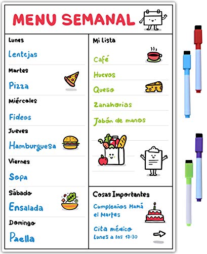 Pizarra Magnética para Nevera, Planificador de Menú y Tareas Semanal con 4 Rotuladores Magnéticos para Pizarra Blanca, Magnetotal