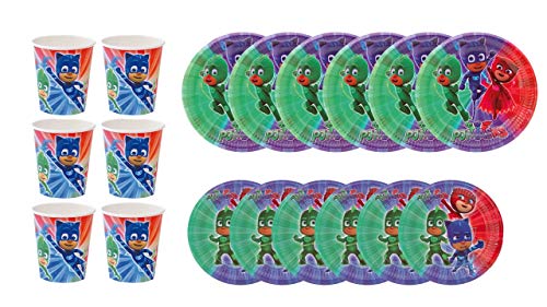 PJ Masks 1101, Pack Desechables Fiestas y cumpleaños Basic, Compuesto por 6 Vasos, 6 Platos 18 cm y 6 Platos 23 cm