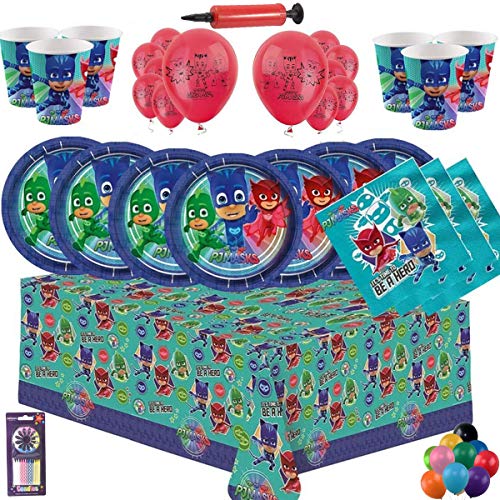 PJ Masks Party Vajilla Kit de Fiesta Infantil de cumpleaños para 16 - Globos, Bomba, Velas Gratis