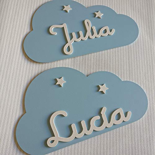 Placa decorativa infantil de madera en forma de nube personalizada con el nombre para niño y niña, regalos originales y únicos, decoraciones de pared o puerta