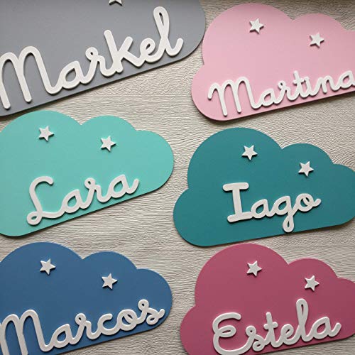 Placa decorativa infantil de madera en forma de nube personalizada con el nombre para niño y niña, regalos originales y únicos, decoraciones de pared o puerta