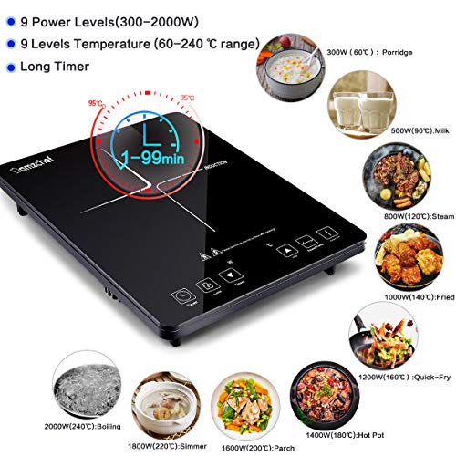 Placa Inducción Portatil Amzchef, placa de inducción de 2000 W con cuerpo delgado, 9 niveles de potencia, 9 configuraciones de temperatura, control táctil del sensor, temporizador de 3 horas, negro