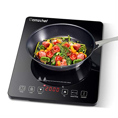 Placa Inducción Portatil Amzchef, placa de inducción de 2000 W con cuerpo delgado, 9 niveles de potencia, 9 configuraciones de temperatura, control táctil del sensor, temporizador de 3 horas, negro