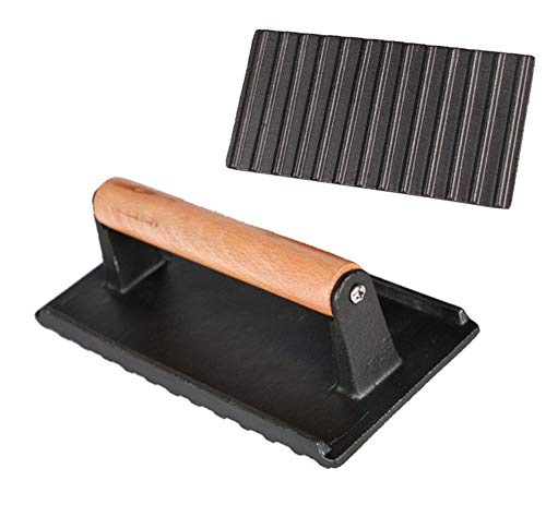 Plancha para Asar de Hierro Fundido Peso de Filete, Prensador de Tocino con Mango de Madera Barbacoa Rectangular pre-sazonada, Salchicha de Hamburguesa Panini Meat Griddle Press