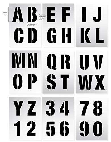 Plantilla Letras – 10 cm de altura – Alphabet y Números 0-9, Moderno Mayúsculas – en 9 hojas de 295 x 290mm