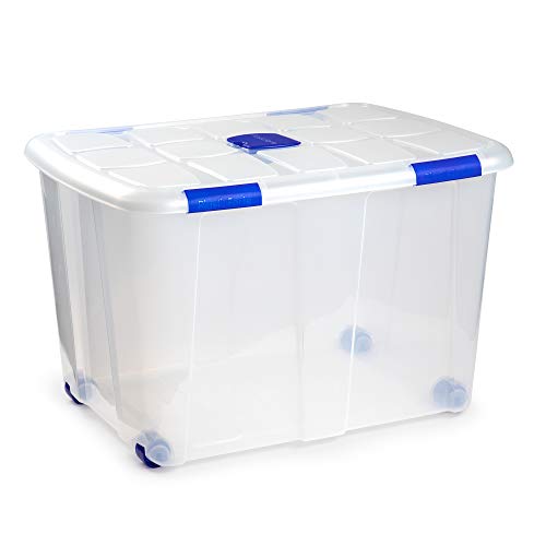 PLASTIC FORTE, Caja de almacenamiento, TRANSPARENTE, 130 litros, con ruedas