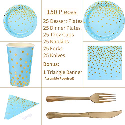 Platos Desechables Fiesta Oro Azul 150PCS Vajilla Papel Cumpleaños Desechable Dorada Incluye Platos Servilletas Vasos Cuchillos Tenedores Banner para Baby Shower, Cumpleaños de Niños (25 Invitados)