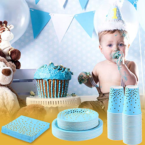 Platos Desechables Fiesta Oro Azul 200PCS Vajilla Cumpleaños Desechable Dorada Incluye Platos de Papel de 9" y 7",Vasos de 12oz y Servilletas,para BabyShower,Cumpleaños de Niño,Tertulia (50 Invitados)