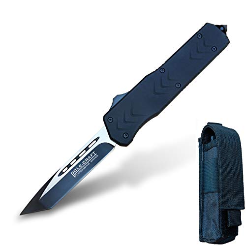 PoLe.Craft Cuchillo Plegable Navaja de Bolsillo Cuchillo Supervive - 440C Steel 58 HRC OTF Doble Acción - para Seguridad Defensa Aventura Senderismo Pesca Caza con Clip Vidrio Bolsa (THK-9263)