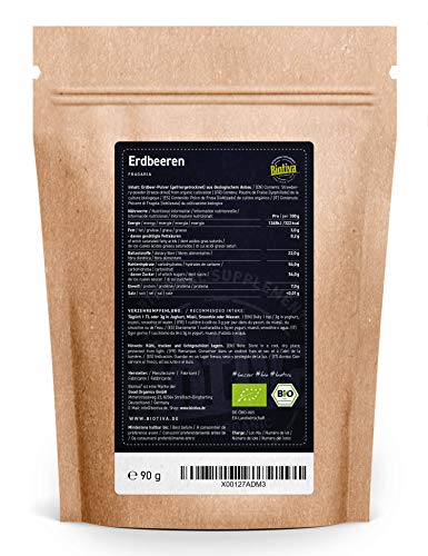 Polvo de fresa orgánica liofilizado 90 g - Fragaria x ananassa - polvo de fruta - superfood - vegano, sin lactosa, sin soja - bolsa de almacenamiento con cierre