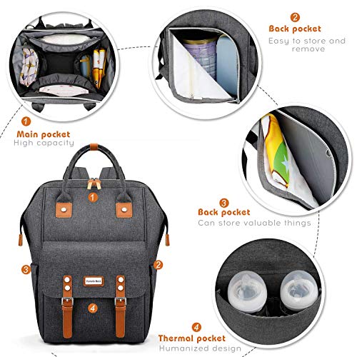 Pomelo Best Mochilas de Pañales y Biberones,Bolso del Bebé Mamá 2019 Edición,Impermeable con Estilo Oxford,Gran Capacidad con Portátil Cambiador y 2 pcs Ganchos Carrito Bebé (Gris oscuro)