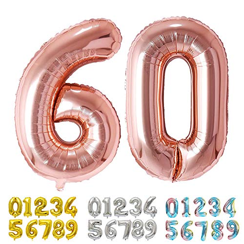 Ponmoo Foil Globo Número 60 Oro Rosa, Gigante Numeros 0 1 2 3 4 5 6 7 8 9 10-19 20-29 30 40 50 60 70 80 90 100, Grande Globos para La Boda Aniversario, Globo de Cumpleaños Fiesta Decoración