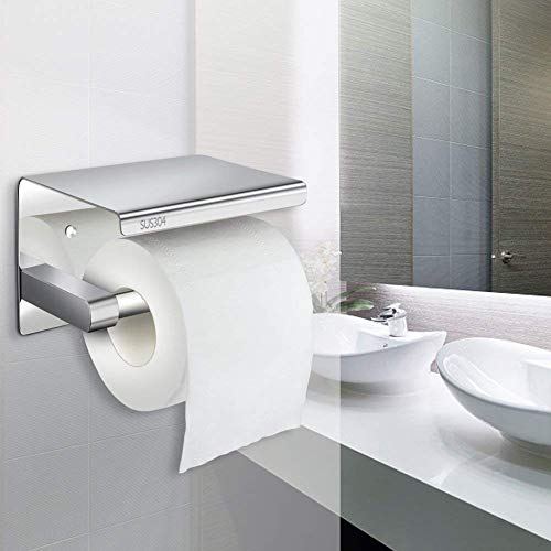 Portarrollos para Papel Higiénico, Telgoner portarrollos baño adhesivo, Acero inoxidable SUS304, Porta Rollos de Papel Higienico con el Teléfono Móvil Estante de Almacenamiento (Plata)