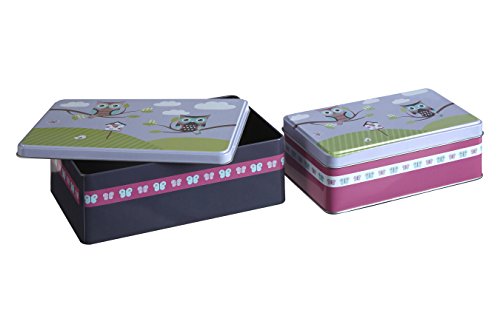 Premier Housewares – Feliz búhos de Almacenamiento Rectangular, Conjunto de 2, Lata, Multi Color, 13 x 20 x 7 cm