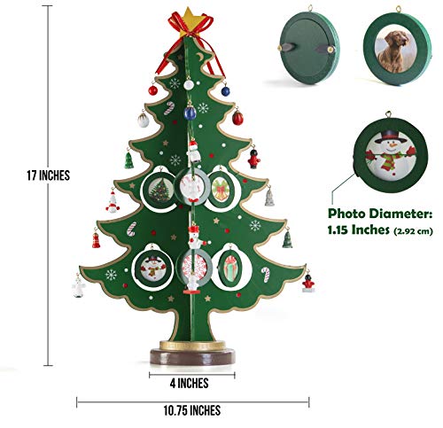 PREXTEX Árbol de Navidad de sobremesa de Madera de 43,18 cm con 8 Marcos de Fotos para Colgar, 24 miniadornos navideños y Estrella en lo Alto para una decoración navideña casera