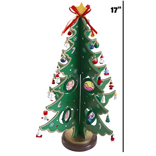 PREXTEX Árbol de Navidad de sobremesa de Madera de 43,18 cm con 8 Marcos de Fotos para Colgar, 24 miniadornos navideños y Estrella en lo Alto para una decoración navideña casera