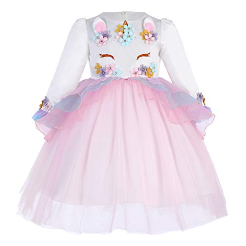 Princesa Bebé Niña Vestido Unicornio Cumpleaños Disfraz deCosplay para Fiesta Carnaval Navidad Bautizo Comunión Boda Manga Larga 001 Rosa(2PCS) 9-10 años