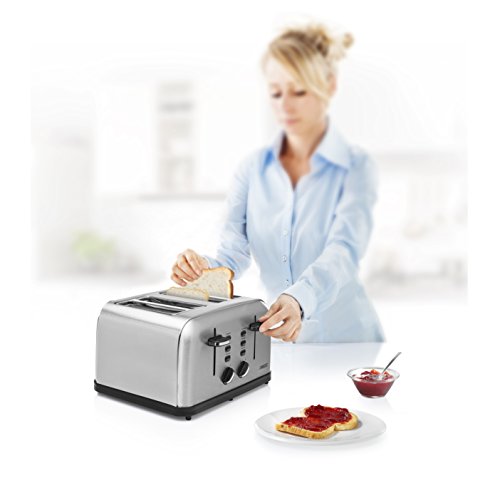 Princess 142355 - Tostadora con cuatro ranuras, 1750 W, 6 grados de tostado, Función de descongelado, 2 Bandejas migas extraíbles, Acero inoxidable, Color Plata