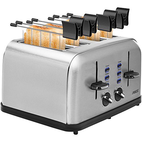 Princess 142355 - Tostadora con cuatro ranuras, 1750 W, 6 grados de tostado, Función de descongelado, 2 Bandejas migas extraíbles, Acero inoxidable, Color Plata