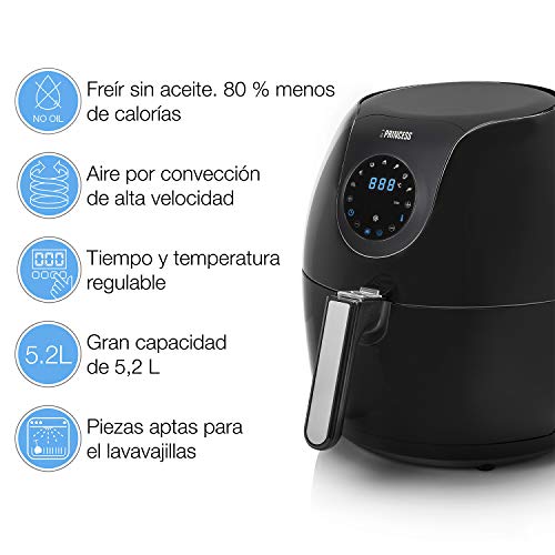 Princess 182050 Family Aerofryer XXL, Freidora de aire caliente digital familiar, 1700 W, 5.2 litros, Negro