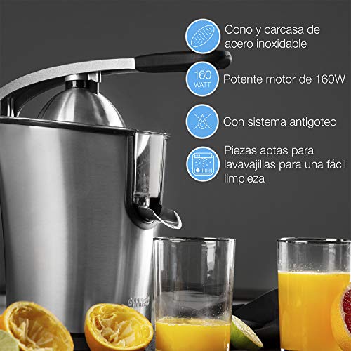 Princess 201851 Exprimidor de Cítricos Master Juicer, Brazo de Palanca Profesional, Potente Motor de 160 W, Cono Universal, Filtro para Pulpa, Depósito con Sistema Antigoteo