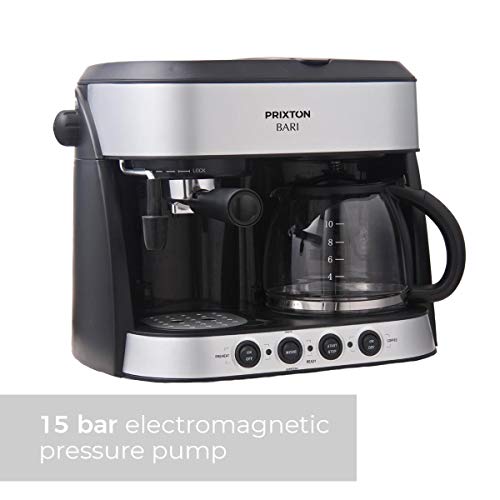 PRIXTON Bari - Cafetera Doble/Cafeteras Express 3 en 1: Espresso, Americano y Cappuccino, 15 Bares de Presión, Potencia 1850 W, Doble Sistema Italiano y Americano de Goteo, Vaporizador Integrado