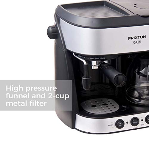 PRIXTON Bari - Cafetera Doble/Cafeteras Express 3 en 1: Espresso, Americano y Cappuccino, 15 Bares de Presión, Potencia 1850 W, Doble Sistema Italiano y Americano de Goteo, Vaporizador Integrado